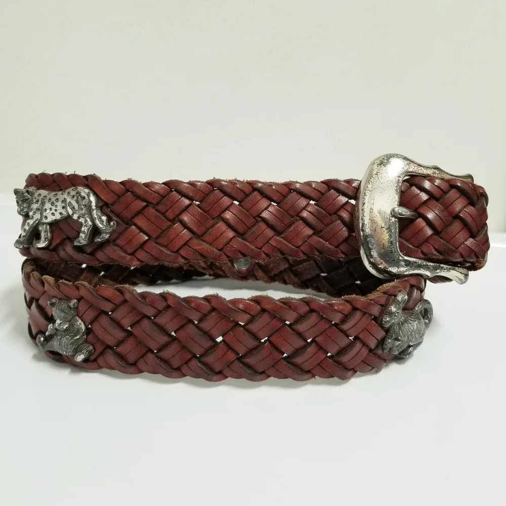 Brighton Vintage 90's Leather Belt Brown Braided Silver-tone Zoo Animals Sz 30